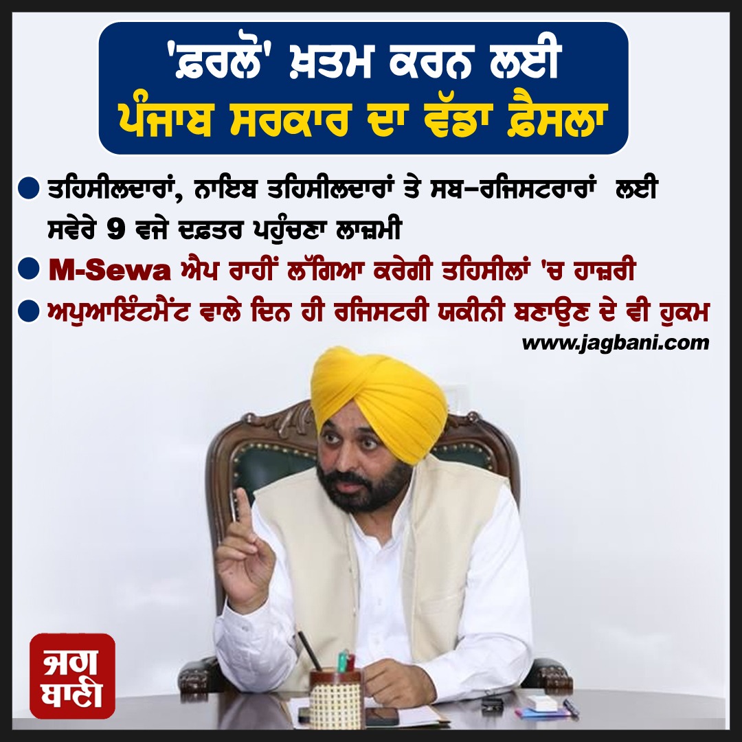 JagbaniOnline's tweet photo. 'ਫ਼ਰਲੋ' ਖ਼ਤਮ ਕਰਨ ਲਈ ਪੰਜਾਬ ਸਰਕਾਰ ਦਾ ਵੱਡਾ ਫ਼ੈਸਲਾ
#PunjabGovernment #Tehsildar #Order #MSewa #Attendance https://t.co/SdKBxD0jFP