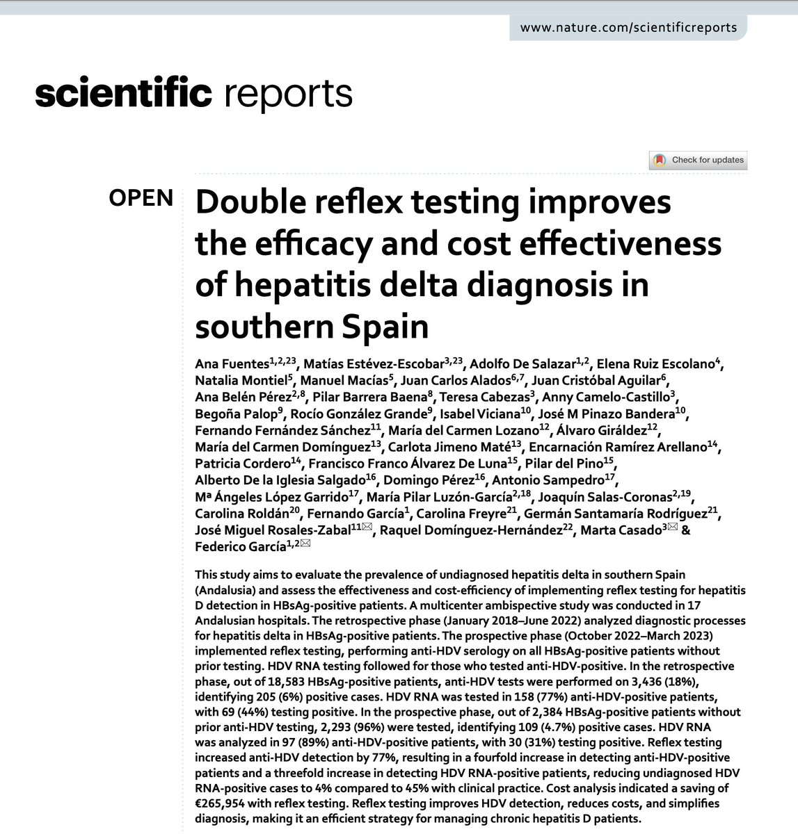 José Miguel Rosales Zábal (@rosalesdigestiv) on Twitter photo 📢 Nuestro estudio demuestra que el test doble reflejo (anti-HDV + HDV-RNA en HBsAg+):
✅multiplica x3 los diagnósticos de hepatitis D.
✅reduce los casos no detectados al 4%.
✅ahorra >260.000 € al sistema sanitario.
👉 doi.org/10.1038/s41598…
<a href="/SciReports/">Scientific Reports</a> 📢 Nuestro estudio demuestra que el test doble reflejo (anti-HDV + HDV-RNA en HBsAg+):
✅multiplica x3 los diagnósticos de hepatitis D.
✅reduce los casos no detectados al 4%.
✅ahorra >260.000 € al sistema sanitario.
👉 doi.org/10.1038/s41598…
<a href="/SciReports/">Scientific Reports</a>