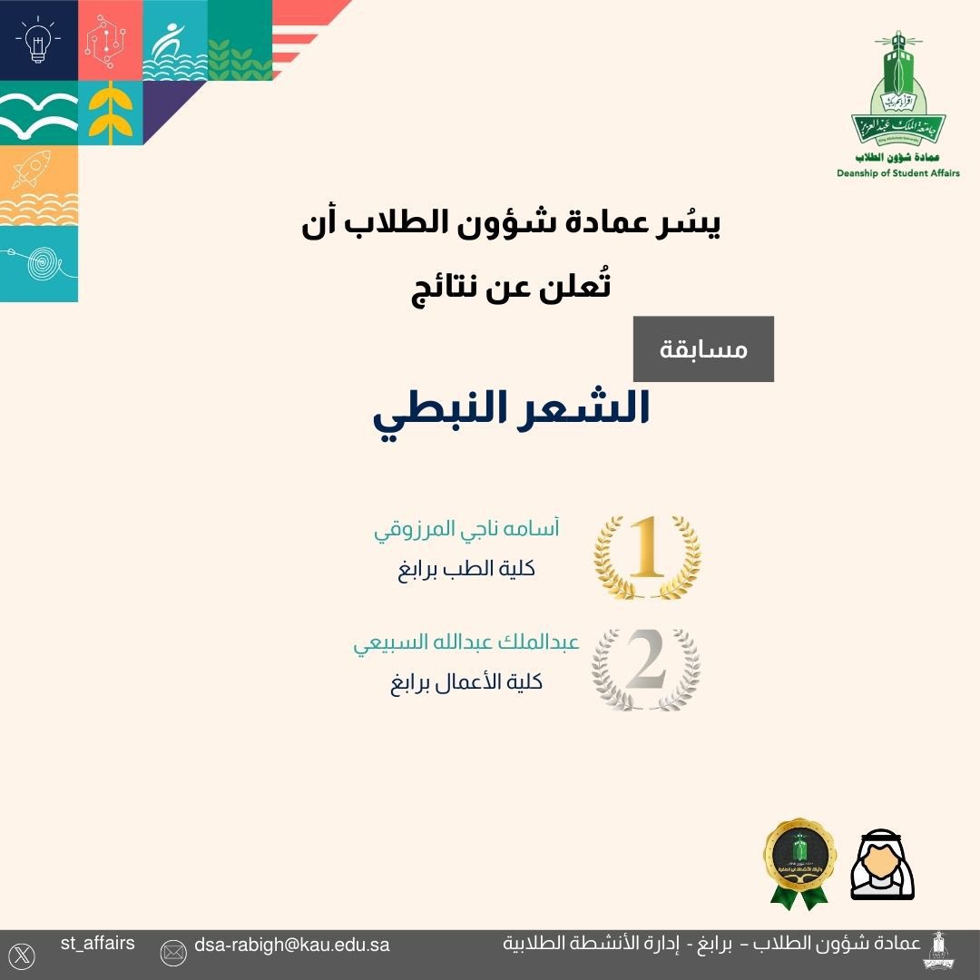 ✨ يسر عمادة شؤون الطلاب أن تعلن عن نتائج مسابقة الشعر النبطي

#جامعة_الملك_عبدالعزيز 
#عمادة_شؤون_الطلاب_برابغ