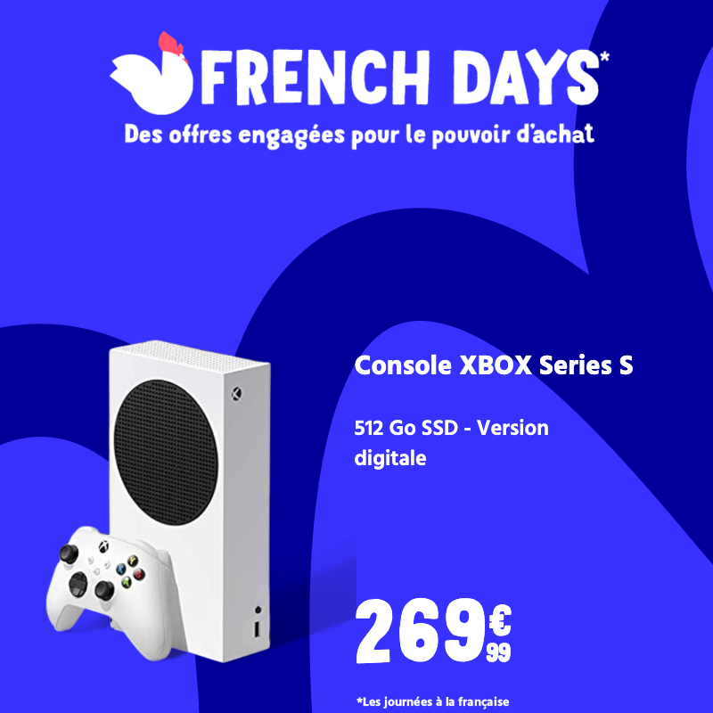 Les French Days sur Cdiscount 📣

la console Xbox Series S (100% digitale) est à moins de 270€ 
🛒 bit.ly/3ROzLgs