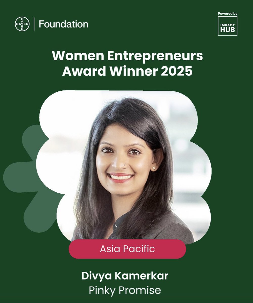 Divya Kamerkar, Co-Founder and CEO at Pinky Promise, has won the Bayer Foundation's Women Entrepreneur Award. Divya was selected from a remarkable 1,763 applicants.

#socialimpact #healthtech #WomenInTech