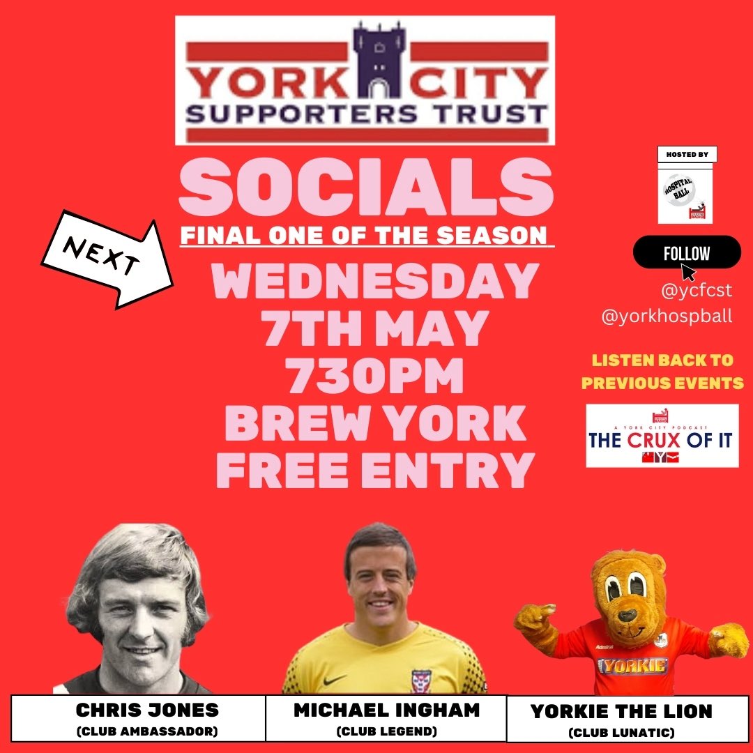 York Hospital Ball (@yorkhospball) on Twitter photo If you are trying to pass the time until the playoffs, come along tomorrow night to the final <a href="/ycfcst/">York City FC Supporters’ Trust</a> social of the season.
Join #ycfc legends Chris Jones & <a href="/ingdog24/">Michael Ingham</a> giving insights into securing promotion as well as <a href="/YorkieOriginal/">The Original Yorkie</a> giving his own Wembley stories. Free entry If you are trying to pass the time until the playoffs, come along tomorrow night to the final <a href="/ycfcst/">York City FC Supporters’ Trust</a> social of the season.
Join #ycfc legends Chris Jones & <a href="/ingdog24/">Michael Ingham</a> giving insights into securing promotion as well as <a href="/YorkieOriginal/">The Original Yorkie</a> giving his own Wembley stories. Free entry