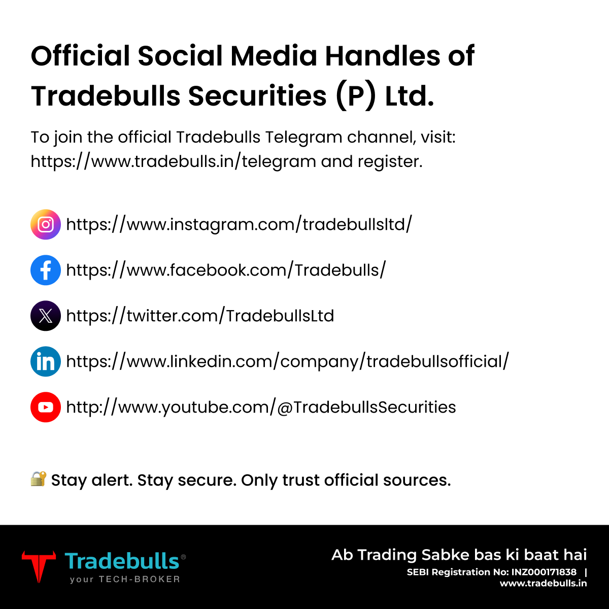 USacchitanand's tweet photo. ❤️ We care about your safety.
Beware of fake WhatsApp & Telegram groups misusing the name of Tradebulls & Mr. @USacchitanand .
🚫 Don’t trust unofficial links.
✅ Follow only our verified handles.
#TradebullsCares #StayAlert #FraudAlert #OfficialOnly https://t.co/ByrU9dLDX8