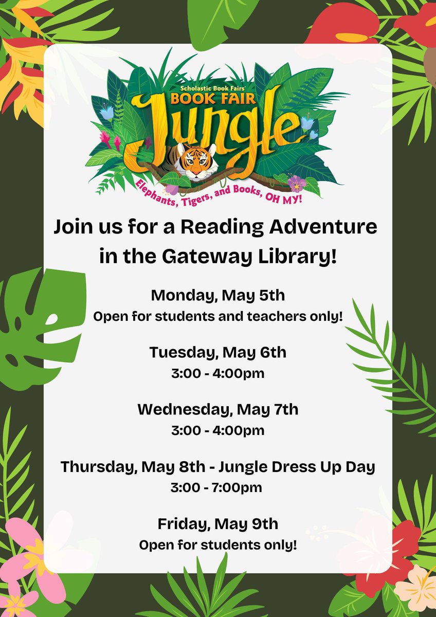 Join us for a magical jungle adventure this week in the Gateway Library! Check out our open hours. We have a Photo Booth, contests, and amazing books! <a href="/TDSBGatewayPS/">Gateway PS</a>