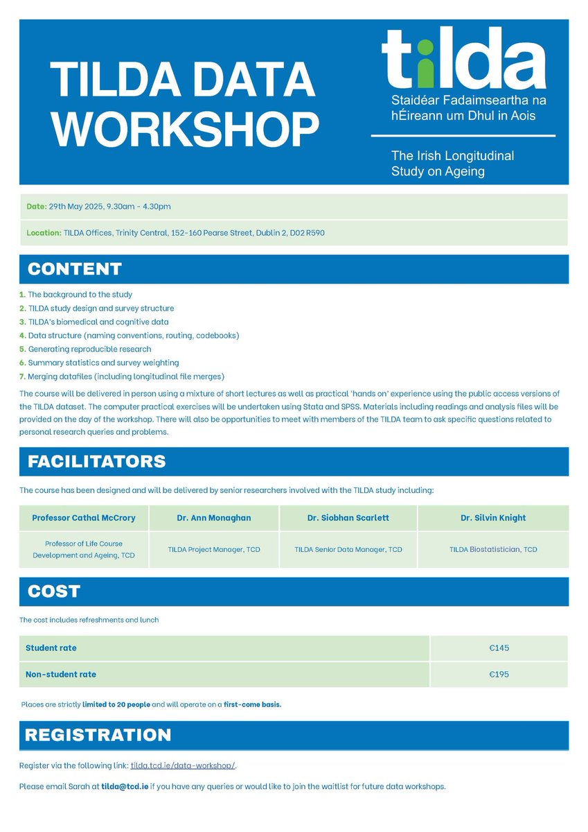 TILDA (@tilda_tcd) on Twitter photo 📅 TILDA Workshop: 29th May 2025
Join us in-person for the next TILDA workshop! It’s a fantastic opportunity to explore into the latest research on ageing and population health with our expert team
🗓️ Date: 29th May 2025 <a href="/tcddublin/">Trinity College Dublin</a>
🔗 Register here: bit.ly/42Zg4ci 📅 TILDA Workshop: 29th May 2025
Join us in-person for the next TILDA workshop! It’s a fantastic opportunity to explore into the latest research on ageing and population health with our expert team
🗓️ Date: 29th May 2025 <a href="/tcddublin/">Trinity College Dublin</a>
🔗 Register here: bit.ly/42Zg4ci