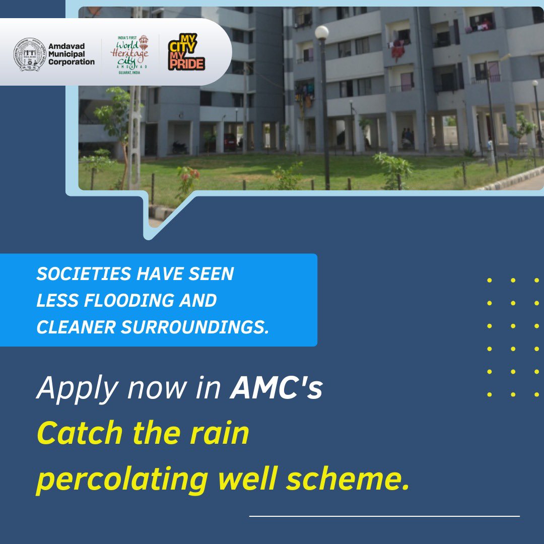 AmdavadAMC's tweet photo. Your monsoons can be mess-free too!
Get started with a percolating well for your society. AMC funds it, you benefit. For more information contact your ward office.
#CatchTheRain #PercolatingWell #MonsoonReady #AMCInitiative #SmartCityAhmedabad #WaterConservation #RainwaterHarvesting #GroundwaterRecharge