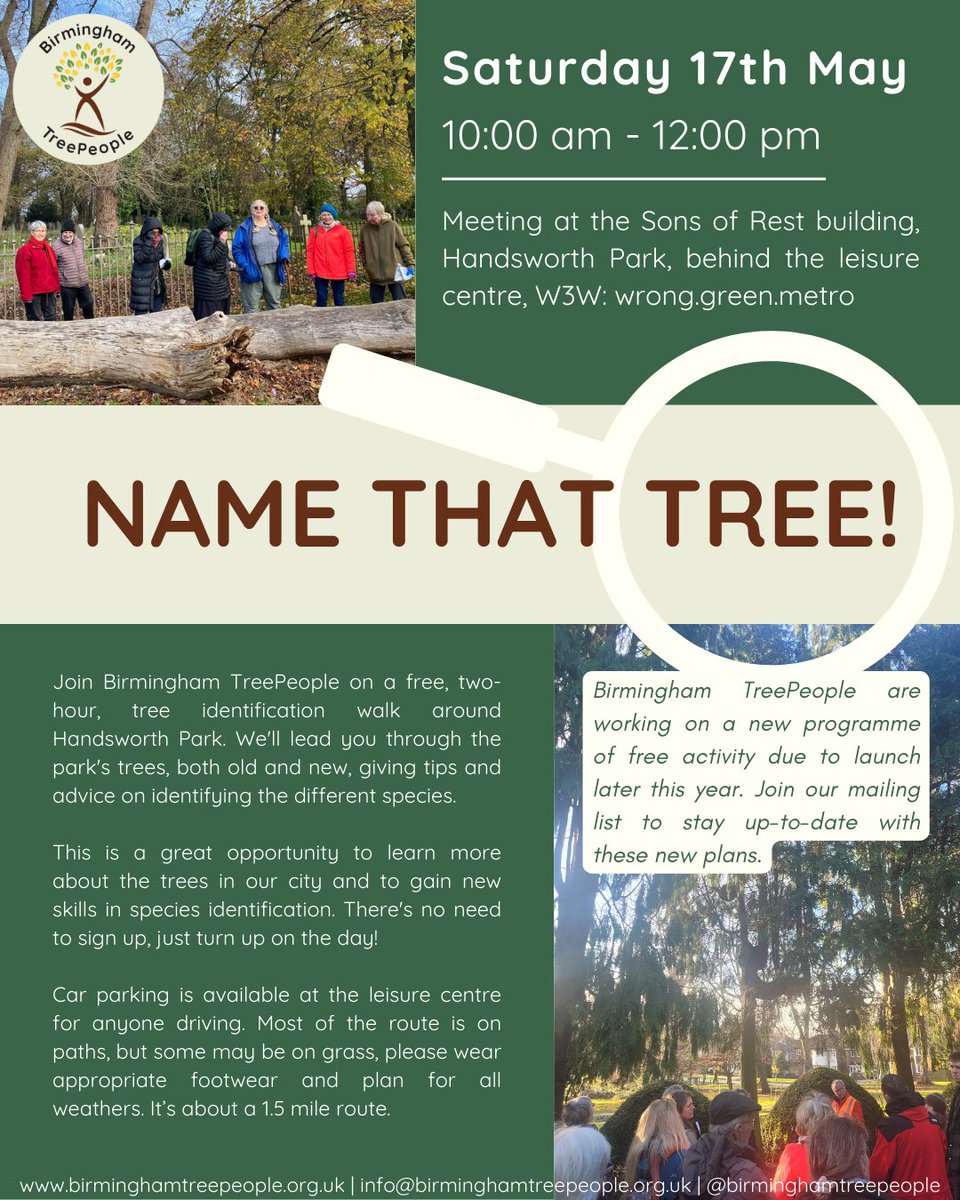 Birmingham TreePeople (@bhamtreepeople) on Twitter photo Name That Tree! Sat 17 May, 10am-12pm. Join us on a free, 2-hour, #treeidentification walk around <a href="/handsworthpark/">Handsworth Park</a>. We'll lead you through the trees, old & new, giving tips & advice on identifying different species. Meeting at Sons of Rest, W3W: wrong.green.metro Name That Tree! Sat 17 May, 10am-12pm. Join us on a free, 2-hour, #treeidentification walk around <a href="/handsworthpark/">Handsworth Park</a>. We'll lead you through the trees, old & new, giving tips & advice on identifying different species. Meeting at Sons of Rest, W3W: wrong.green.metro