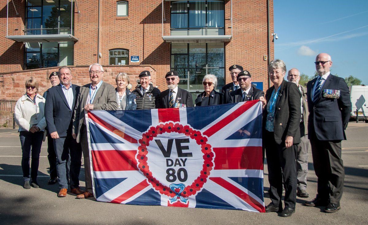 Shropshire Council raised the VE Day flag today to support the 80th anniversary. Chief executive Andy Begley was joined by Roger Evans and Heather Kidd, the joint leaders of the Liberal Democrats, Armed Forces Outreach members and local veterans. orlo.uk/2Ony1