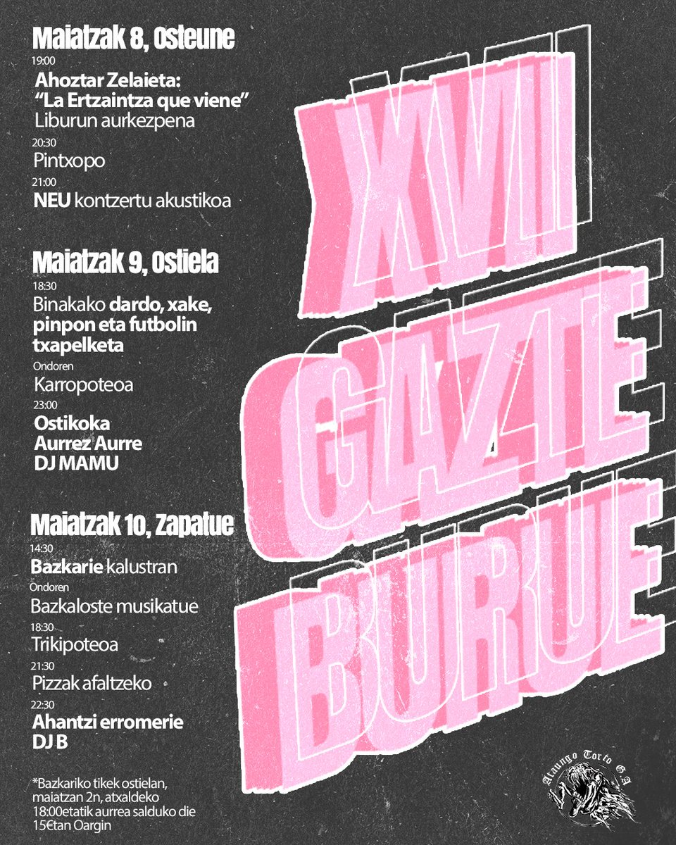 🔥🔥 XVII. GAZTEBURUE 🔥🔥

Hemen da Ataungo XVII. Gazteburuko egitarau osoa, osteuneti zapatua!

Osteunen <a href="/Ahoztar1972/">Ahoztar Zelaieta</a> liburue aurkezten izango deu egitarauei hasierea emateko‼️