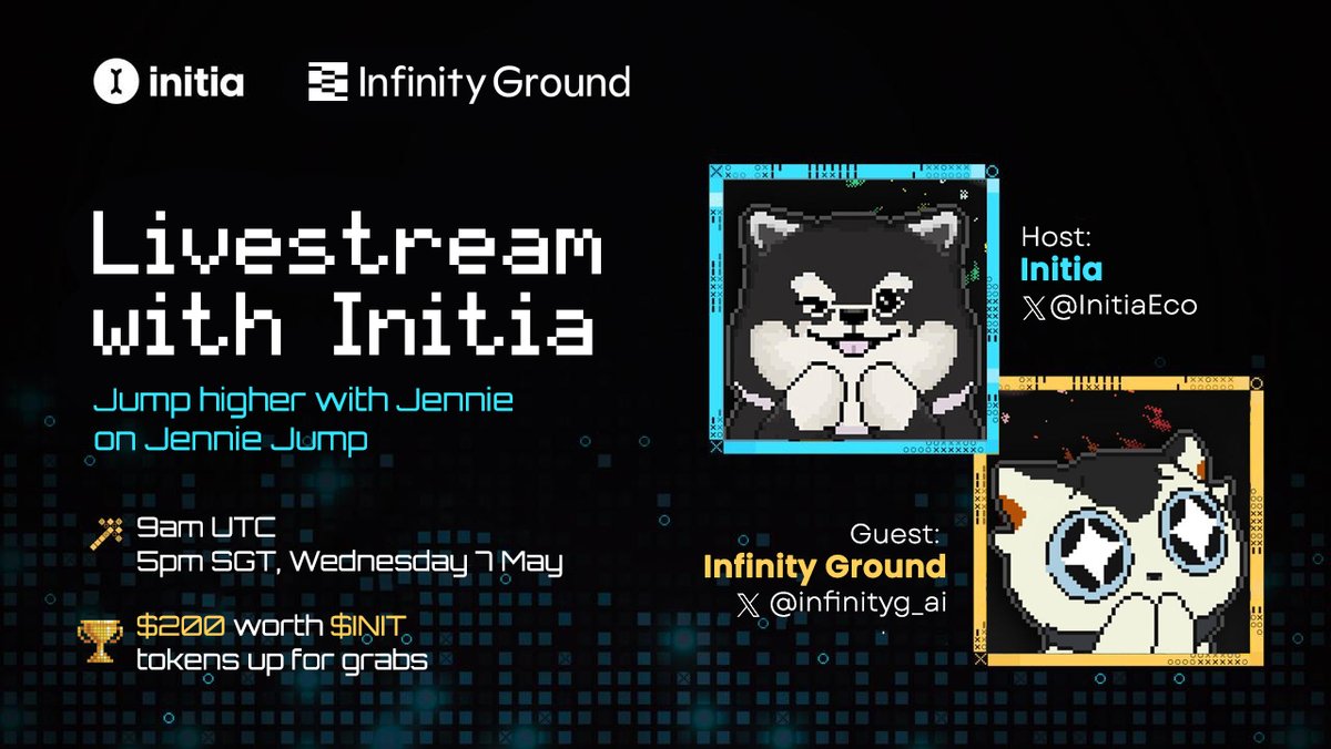 InfinityGround (@infinityg_ai) on Twitter photo Get ready to Q&A with <a href="/initia/">Initia 🪢</a>
We’re dropping $200 worth of $INIT on the ING Network during our Livestream with <a href="/InitiaEco/">Interwoven Economy 🪢</a>!
How to win?
Airdrop 1 - $150 worth $INIT
1. Like + RT this post
2. Follow <a href="/infinityg_ai/">InfinityGround</a> and <a href="/Jump_Jennie/">Jump Jennie</a>
3. Drop your INIT address below
50 winners get Get ready to Q&A with <a href="/initia/">Initia 🪢</a>
We’re dropping $200 worth of $INIT on the ING Network during our Livestream with <a href="/InitiaEco/">Interwoven Economy 🪢</a>!
How to win?
Airdrop 1 - $150 worth $INIT
1. Like + RT this post
2. Follow <a href="/infinityg_ai/">InfinityGround</a> and <a href="/Jump_Jennie/">Jump Jennie</a>
3. Drop your INIT address below
50 winners get