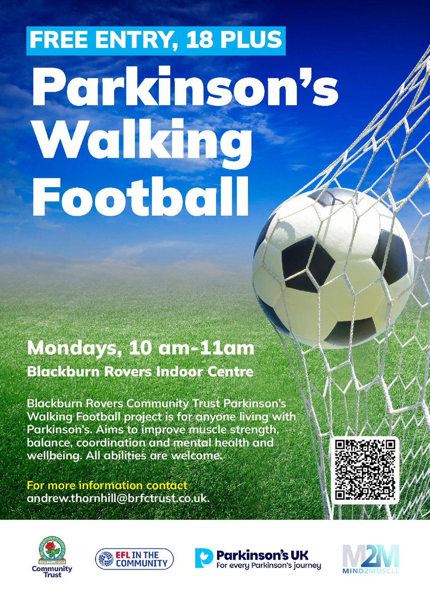 Blackburn Rovers Community Trust (@brfctrust) on Twitter photo 🔜We’re excited to announce the launch of our Parkinson's Walking Football programme on the 19th May! 
😀This initiative is designed to help those living with Parkinson’s stay active, have fun,  connect with others in the community and more... see below! 🔜We’re excited to announce the launch of our Parkinson's Walking Football programme on the 19th May! 
😀This initiative is designed to help those living with Parkinson’s stay active, have fun,  connect with others in the community and more... see below!