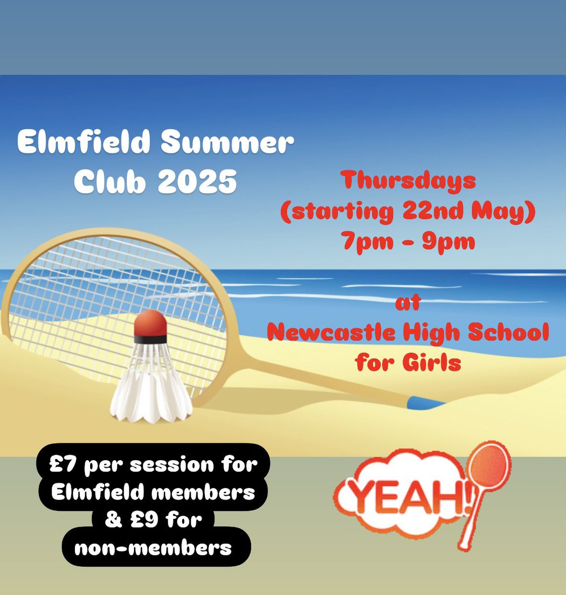 🏸☀️ Summer Club ☀️🏸
📅 Starting Thursday 22nd May &amp; running every Thursday until the end of August
⏰ 7-9pm
💸 £7 for Elmfield adult members, £5 for Elmfield junior members, £9 for adult non-members &amp; £6 for junior non-members