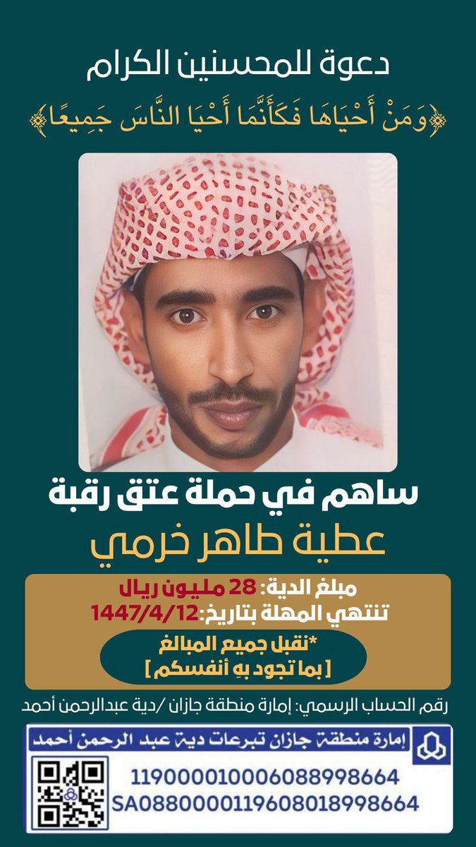 ﴿إِنَّ اللَّهَ يَجزِي المُتَصَدِّقينَ﴾

تصدقوا فإن في الجنّة باباً يُقال لهُ باب الصّدقة يُدعى إليه المتصدّق فيدخل منه 
فبادر إلى أعمال الخير ولا تؤجلها، فلعلَّ بها نجاتك
#عتق_رقبه_عطيه_الخرمي