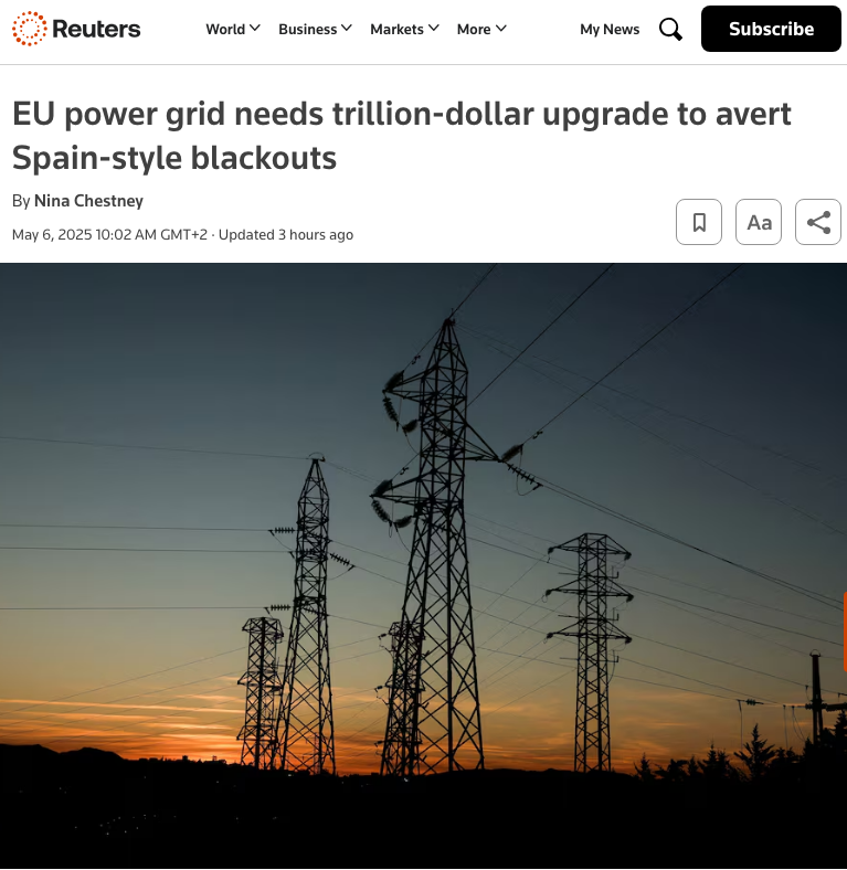 Solar and wind drive up electricity prices

Here is one more reason they forgot to tell us about: 

Europe needs to spend "trillions of dollars to cope with rising green energy to avoid blackouts."

reuters.com/sustainability…
archive.ph/5hkQX