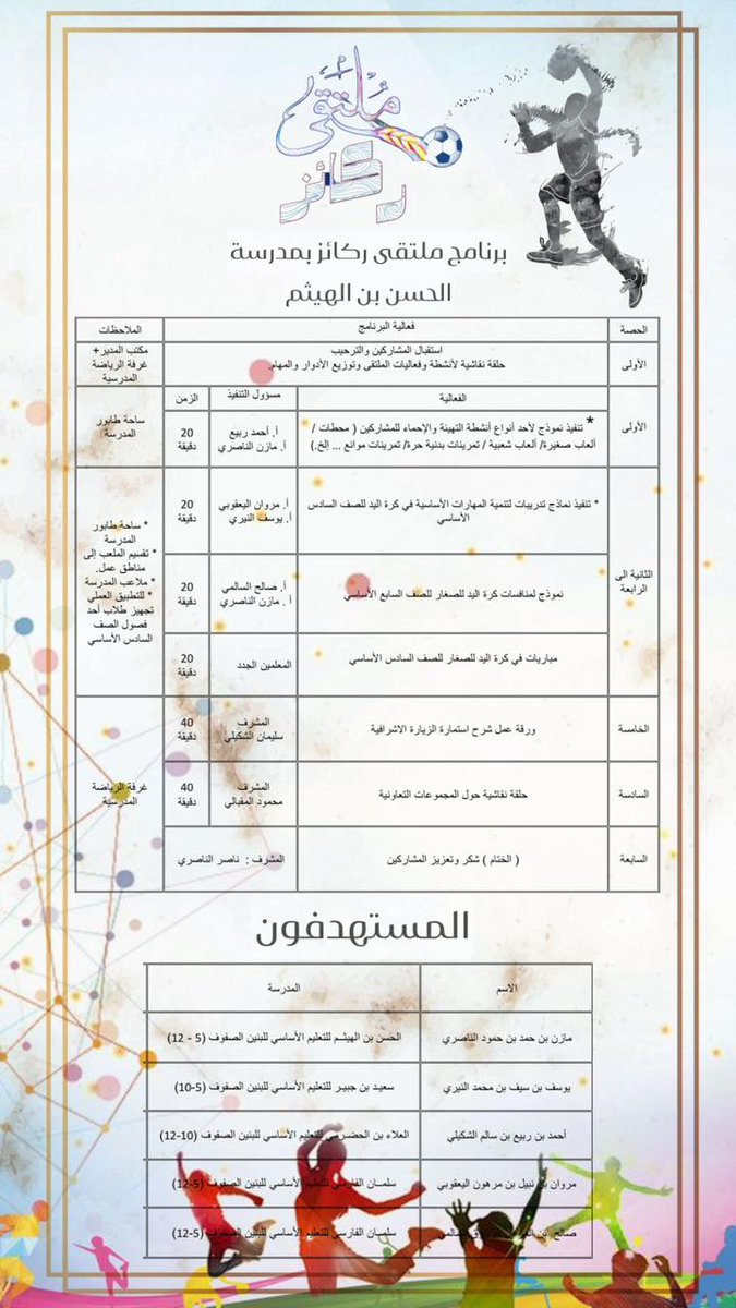 تستضيف مدرسة الحسن غداً (الأربعاء 7 مايو 2025) مشرفي مادة الرياضة المدرسية وكذلك معلمي المادة الجدد في "ملتقى ركائز".