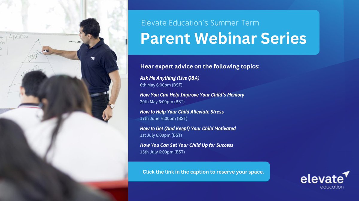 Elevate works with our students to develop their study skills through high-impact workshops. Sign up for their parent webinar series to learn how to help enforce effective revision techniques and working methods at home this term!
go.elevateeducation.com/ukschoolwebinar