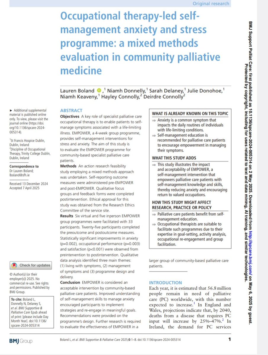 Lauren Boland (@drlaurenboland) on Twitter photo Wonderful to see our article on the EMPOWER programme published in the <a href="/BMJ_SPCare/">BMJ SPCare</a>. Significant reduction in anxiety with participants reengaging in meaningful occupations, all at the core of OT practice in palliative care spcare.bmj.com/cgi/rapidpdf/s…
<a href="/SFHDublin/">St. Francis Hospice</a> <a href="/tcd_ot/">TCD OT</a> <a href="/palliativeire/">Irish Association for Palliative Care</a> Wonderful to see our article on the EMPOWER programme published in the <a href="/BMJ_SPCare/">BMJ SPCare</a>. Significant reduction in anxiety with participants reengaging in meaningful occupations, all at the core of OT practice in palliative care spcare.bmj.com/cgi/rapidpdf/s…
<a href="/SFHDublin/">St. Francis Hospice</a> <a href="/tcd_ot/">TCD OT</a> <a href="/palliativeire/">Irish Association for Palliative Care</a>