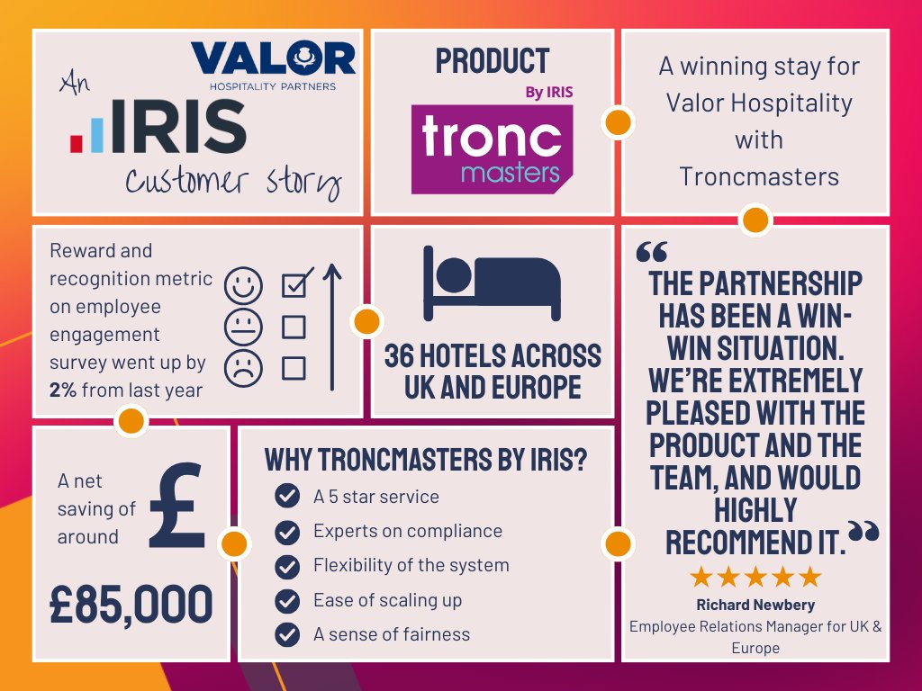 A winning stay for Valor Hospitality with Troncmasters By IRIS! 🏨

Tronc made simple = happier teams and smoother operations across 36 UK hotels. 💷 

See how IRIS supports stress-free tronc management: bit.ly/3YynpwG

#TestimonialTuesday