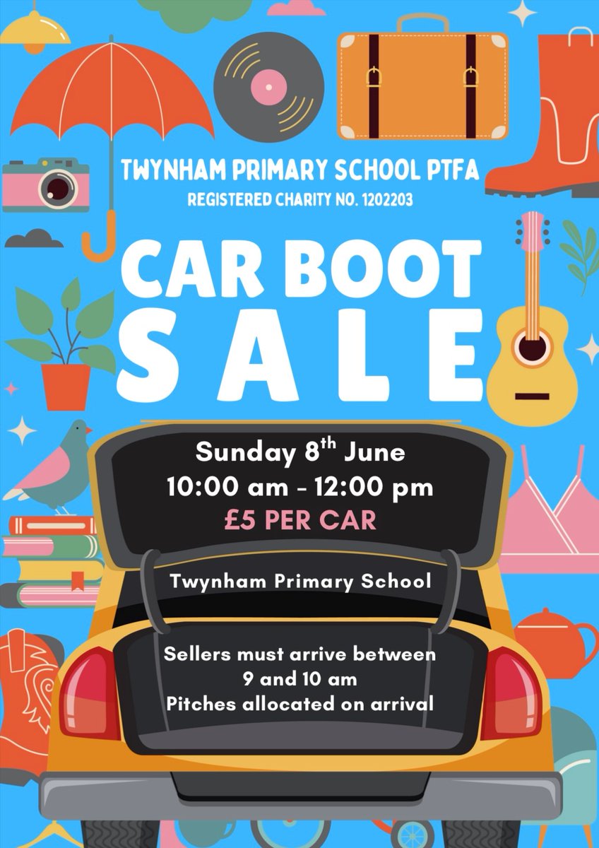 The PTFA are holding their first ever car boot sale on Sunday 8th June. 
Pitches are available to book on the  PTFA events website, priced at £5 per pitch. 
Declutter your home and make some money in the process, or come along and see what bargains you can pick up.