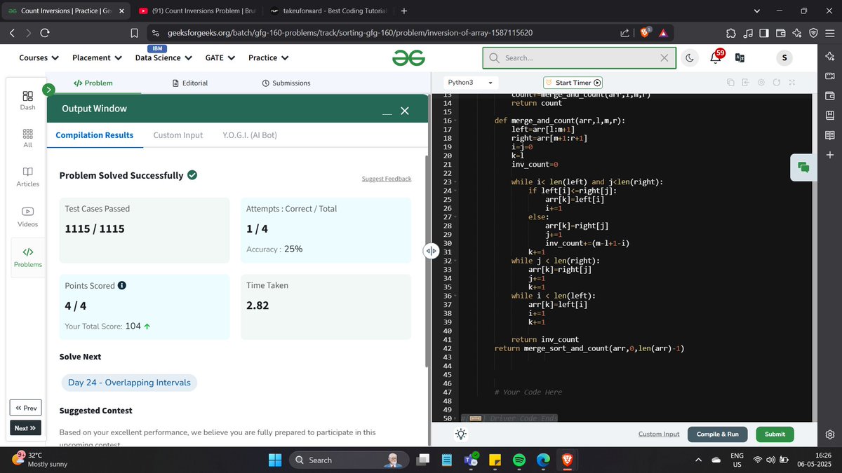 saurabhkjha21's tweet image. Day-23 of #gfg160 DSA Challenge
Problem:-Count Inversions
#geekstreak2025 #GFG