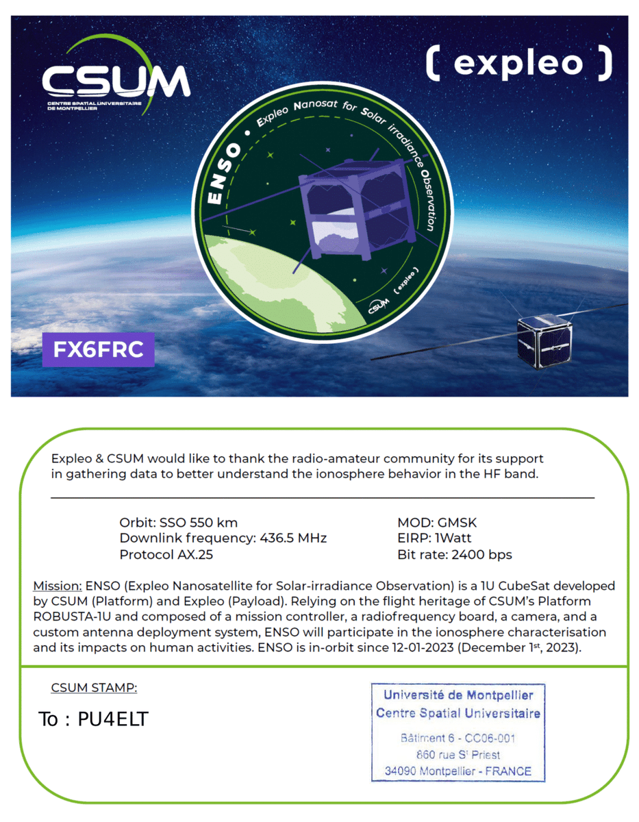 This #eQSL card was quickly sent and a paper version should be coming soon. I love it🥳!!!

This time is from the #CubeSat 1U 🇫🇷 ENSO (#ROBUSTA1E)

Many thanks to entire team and especially <a href="/enzobecamel/">Enzo Becamel (F4IAI)</a> (#F4IAI)😁

73's de PU4ELT 🇧🇷 !!
