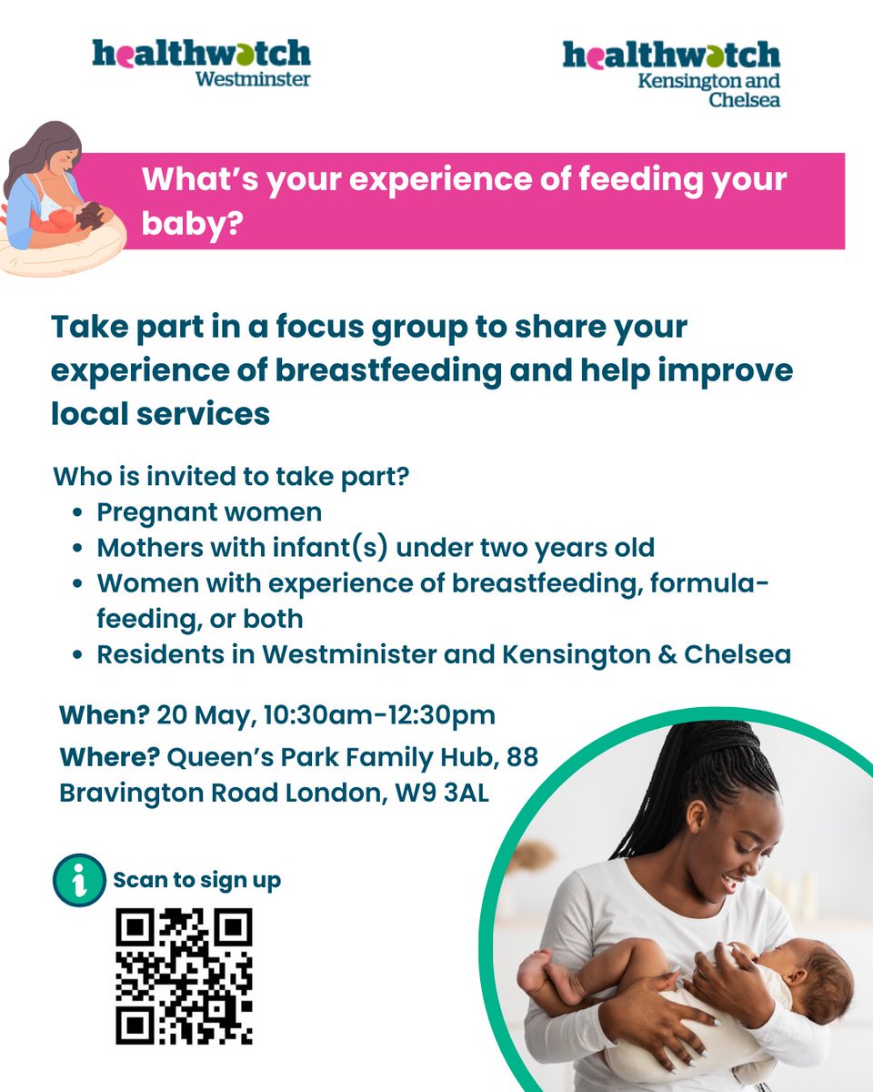 The bi-borough public health team at Westminster and Kensington and Chelsea councils are running a focus group on Tuesday 20 May to hear your experiences of breastfeeding to help improve services.

For more information and to sign up, head to our website!