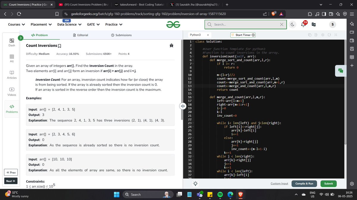 saurabhkjha21's tweet image. Day-23 of #gfg160 DSA Challenge
Problem:-Count Inversions
#geekstreak2025 #GFG