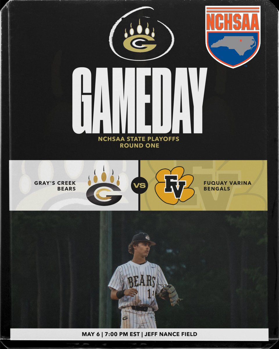 Gray's Creek Athletics (@gcathletics03) on Twitter photo IT'S PLAYOFF TIME IN BEAR COUNTRY!! TONIGHT THE BEARS BASEBALL TEAM TAKES ON THE BENGALS FROM FUQUAY VARINA IN THE FIRST ROUND! FIRST PITCH IS AT 7:00 PM.
GO BEARS!!
<a href="/GCBearsBaseball/">⚾Bears Baseball⚾</a> <a href="/CCSstudentsport/">CCSstudentactivities</a> <a href="/ogcookie_/">James M.</a> IT'S PLAYOFF TIME IN BEAR COUNTRY!! TONIGHT THE BEARS BASEBALL TEAM TAKES ON THE BENGALS FROM FUQUAY VARINA IN THE FIRST ROUND! FIRST PITCH IS AT 7:00 PM.
GO BEARS!!
<a href="/GCBearsBaseball/">⚾Bears Baseball⚾</a> <a href="/CCSstudentsport/">CCSstudentactivities</a> <a href="/ogcookie_/">James M.</a>