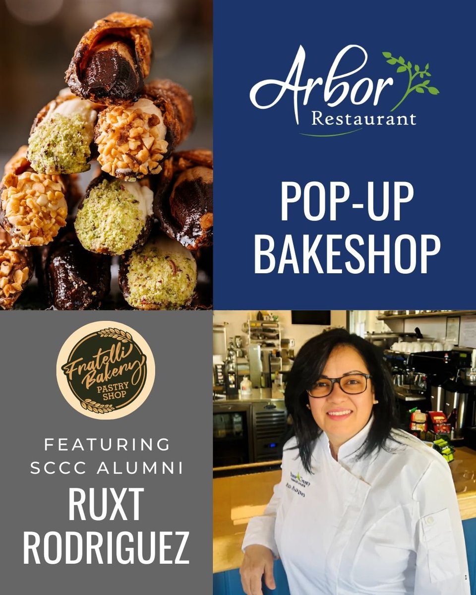 SCCC's Arbor Bakeshop will host four Pop-Up Bakeshops featuring our recent graduate, Ruxt Rodriguez, who will open Fratelli Bakery this summer in Newton! Join us for fresh-baked pastries from 8:30 am-12:00 pm on 5/9, 5/16, 5/23, and 5/30. Pre-order today: bit.ly/4maFH1l