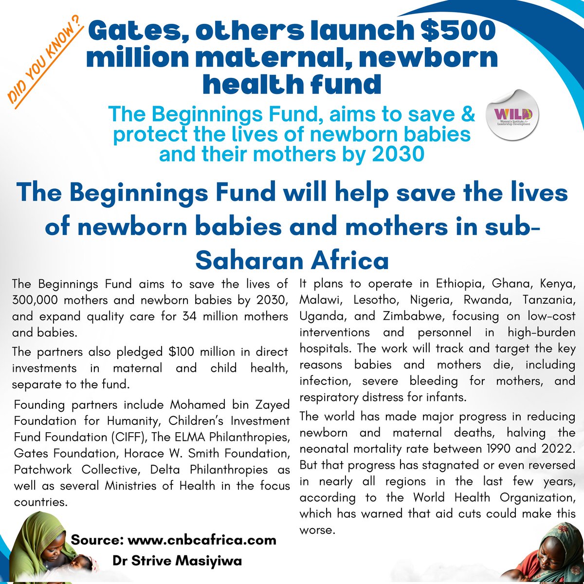 A coalition of philanthropies, including the Gates Foundation, launched the Beginnings Fund with nearly $500M to save newborns and mothers in sub-Saharan Africa. Operating in 9 countries, it targets key causes of maternal &amp; infant mortality. 
#MaternalHealthMatters
#InfantHealth