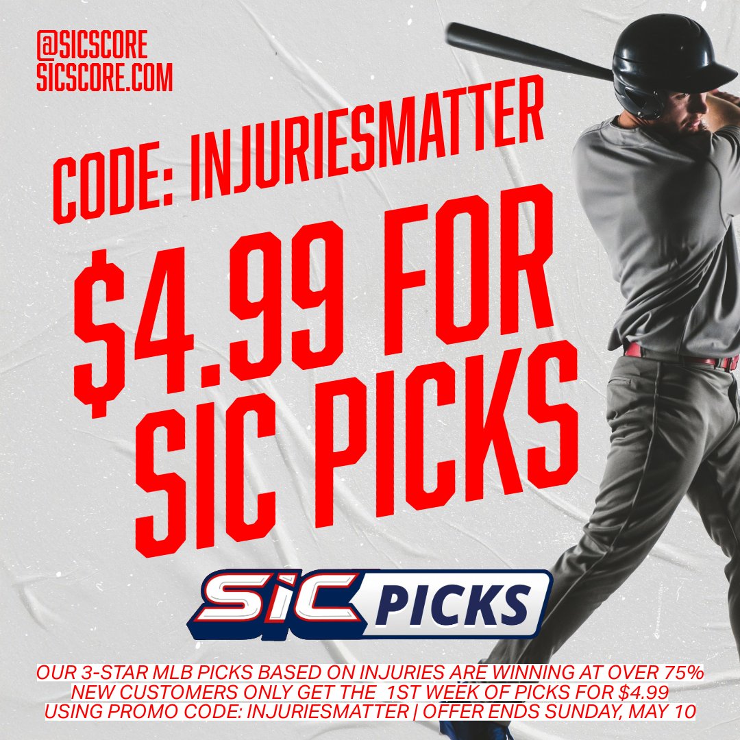 🚨EXTENDED🚨

Our SIC Picks promotion is live for another week! Use code INJURIESMATTER for a week of picks at just $4.99! 

Take advantage of our injury-based picks currently cashing MLB 3⭐ picks at over 75%!

Sign up NOW➡️sicscore.com/features/sic-p…