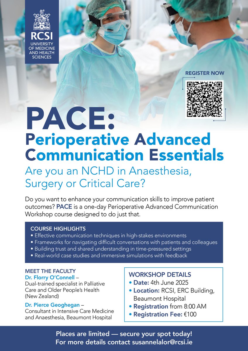RCSI Anaesthesia and Critical Care (@rcsicritcare) on Twitter photo Are you an NCHD in Anaesthesia, Surgery, or Critical Care ? 
Do you want to enhance your communication skills? 
Why not attend PACE, a one day Perioperative Advanced Communication Workshop designed to do just that. 
See below for more details. Are you an NCHD in Anaesthesia, Surgery, or Critical Care ? 
Do you want to enhance your communication skills? 
Why not attend PACE, a one day Perioperative Advanced Communication Workshop designed to do just that. 
See below for more details.
