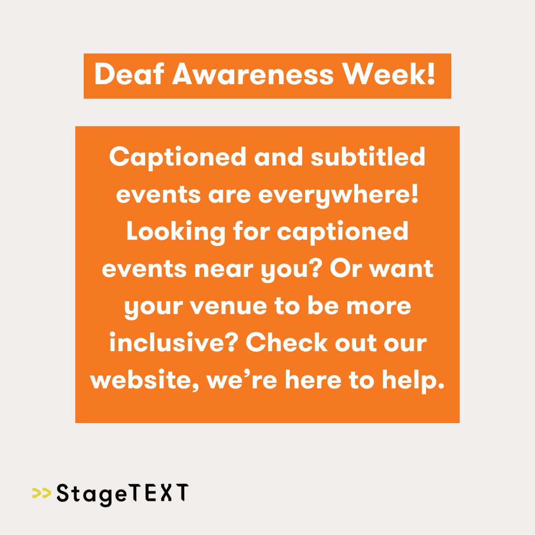 Ever wondered who's making arts &amp; culture accessible for deaf, deafened and hard of hearing audiences? Swipe to discover Stagetext! The charity behind those captions you've seen at theatres, museums, &amp; festivals across the UK! stagetext.org/whats-on/
#DeafAwarenessweek #DAW2025