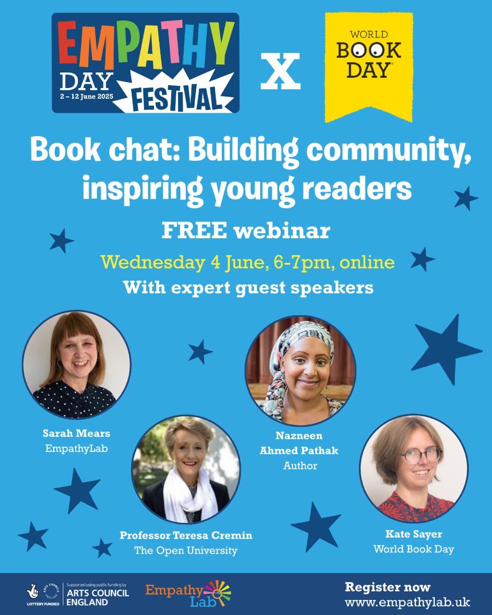 World Book Day UK 📚 (@worldbookdayuk) on Twitter photo Join the <a href="/WorldBookDayUK/">World Book Day UK 📚</a> and <a href="/EmpathyLabUK/">EmpathyLabUK</a> #EmpathyDayFestival webinar where we’ll be exploring how conversations about books can spark empathy and make reading even more joyful. With expert guest speakers <a href="/TeresaCremin/">Teresa Cremin</a> and author <a href="/nazneen372/">Dr Nazneen Ahmed Pathak</a>. Register - empathylab.uk/festival-progr… Join the <a href="/WorldBookDayUK/">World Book Day UK 📚</a> and <a href="/EmpathyLabUK/">EmpathyLabUK</a> #EmpathyDayFestival webinar where we’ll be exploring how conversations about books can spark empathy and make reading even more joyful. With expert guest speakers <a href="/TeresaCremin/">Teresa Cremin</a> and author <a href="/nazneen372/">Dr Nazneen Ahmed Pathak</a>. Register - empathylab.uk/festival-progr…