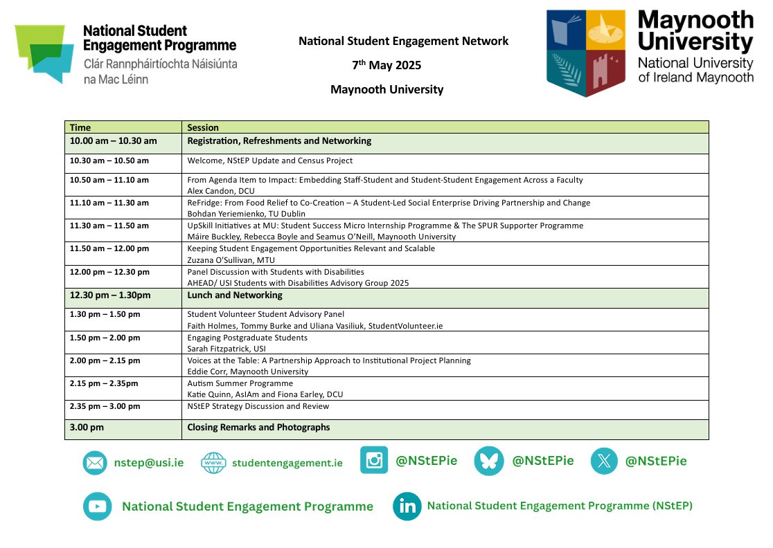 Have you seen our line up for our NSEN event tomorrow? There is still time to register - registration closes at 3pm today!
Registration information can be found on studentengagement.ie
