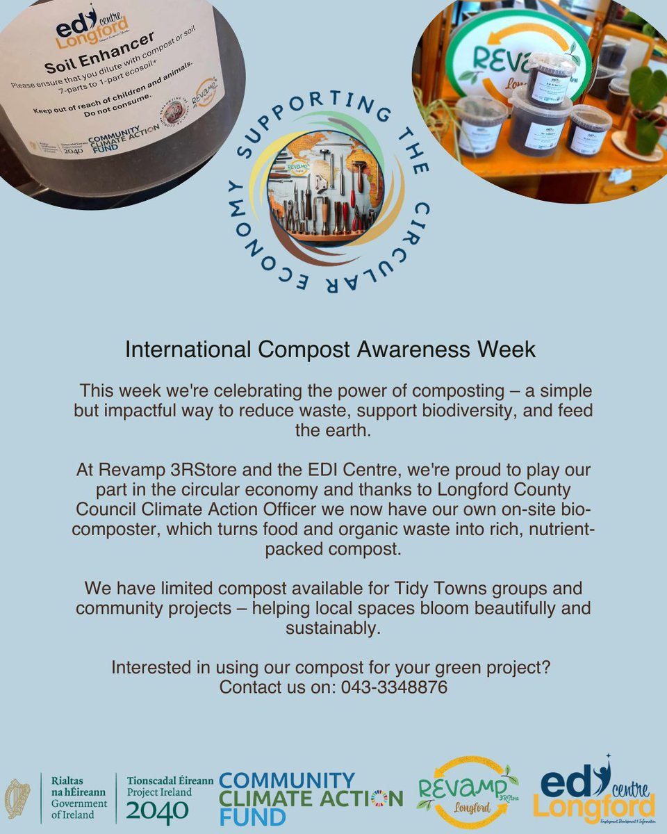 EDIandRevamp's tweet image. It&apos;s International Compost Awareness Week!

At Revamp 3RStore and the EDI Centre, we&apos;re turning food waste into something wonderful with our on-site biocomposter 💚

#InternationalCompostAwarenessWeek #CircularEconomy #TidyTowns #ReduceReuseRecycle #EcoFriendlyLongford