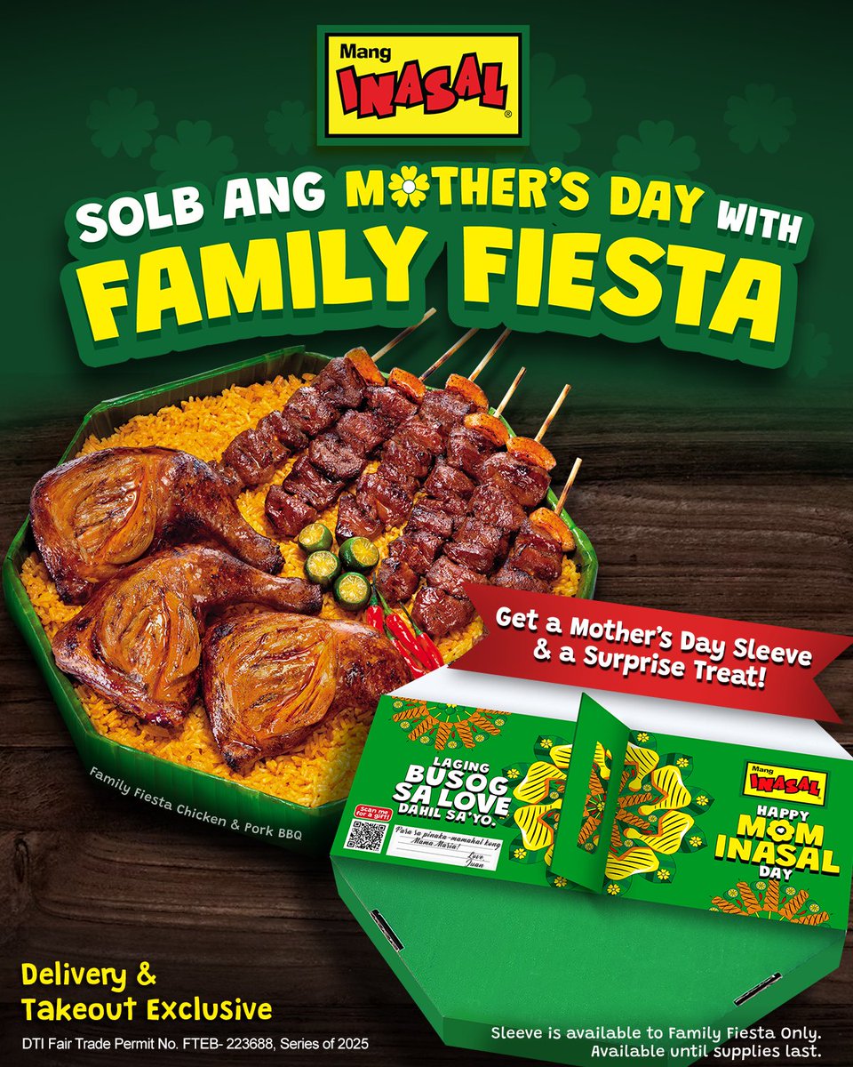MangInasalPH's tweet photo. She deserves the best seat and a buSOLB feast this #MomInasalDay! πΈπ» Celebrate with the Mang Inasal Family Fiestaβnow with a Motherβs Day sleeve for your message + a QR surprise! π
Available for takeout & delivery on May 9β11 only.
#ILoveMangInasal ππ https://t.co/dbqVlKEeSJ