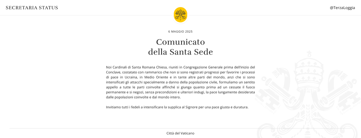 TerzaLoggia's tweet photo. Durante la Congregazione Generale, i Cardinali di Santa Romana Chiesa esprimono profonda preoccupazione per l’aggravarsi dei conflitti in Ucraina, Medio Oriente e in tante altre parti del mondo. https://t.co/3g8oY0keKx