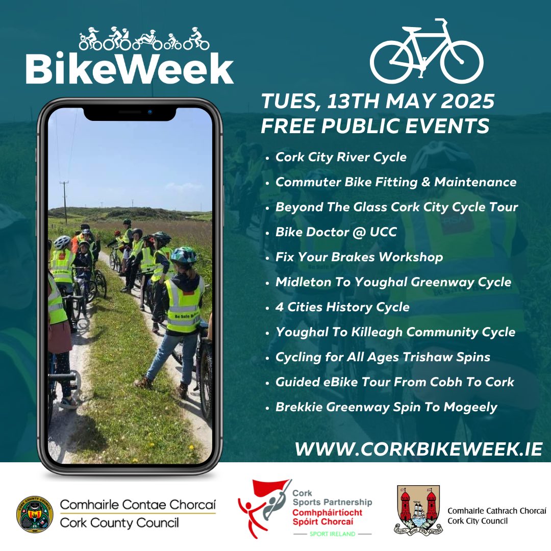 🤩🚲 Bike Week Cork | Tues, 13th May Public Events ✨

Bike Week Cork kicks off this Saturday, check out just some of the free, fun public events for Tuesday! 

📆 Sat, 10th - Sun, 18th May
📍 Cork City &amp; County
🚲 Over 320+ Events

ℹ️ corksports.ie/latest-news/bi…