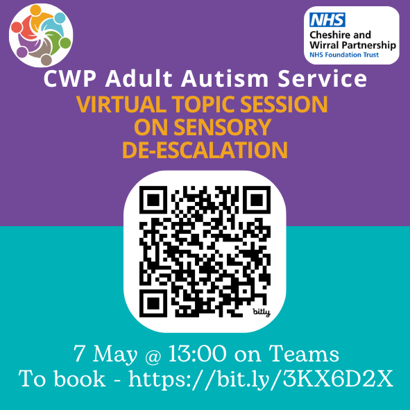 West Cheshire Autism Hub (@wcautismhub) on Twitter photo LAST CHANCE TO BOOK this online webinar with <a href="/cwpnhs/">Cheshire and Wirral Partnership NHS FT</a> on sensory de-escalation bit.ly/3KX6D2X
Do you experience sensory overload? This webinar covers what sensory overload looks like, recognising your triggers & suggestions of what you can do to help yourself. Book now LAST CHANCE TO BOOK this online webinar with <a href="/cwpnhs/">Cheshire and Wirral Partnership NHS FT</a> on sensory de-escalation bit.ly/3KX6D2X
Do you experience sensory overload? This webinar covers what sensory overload looks like, recognising your triggers & suggestions of what you can do to help yourself. Book now