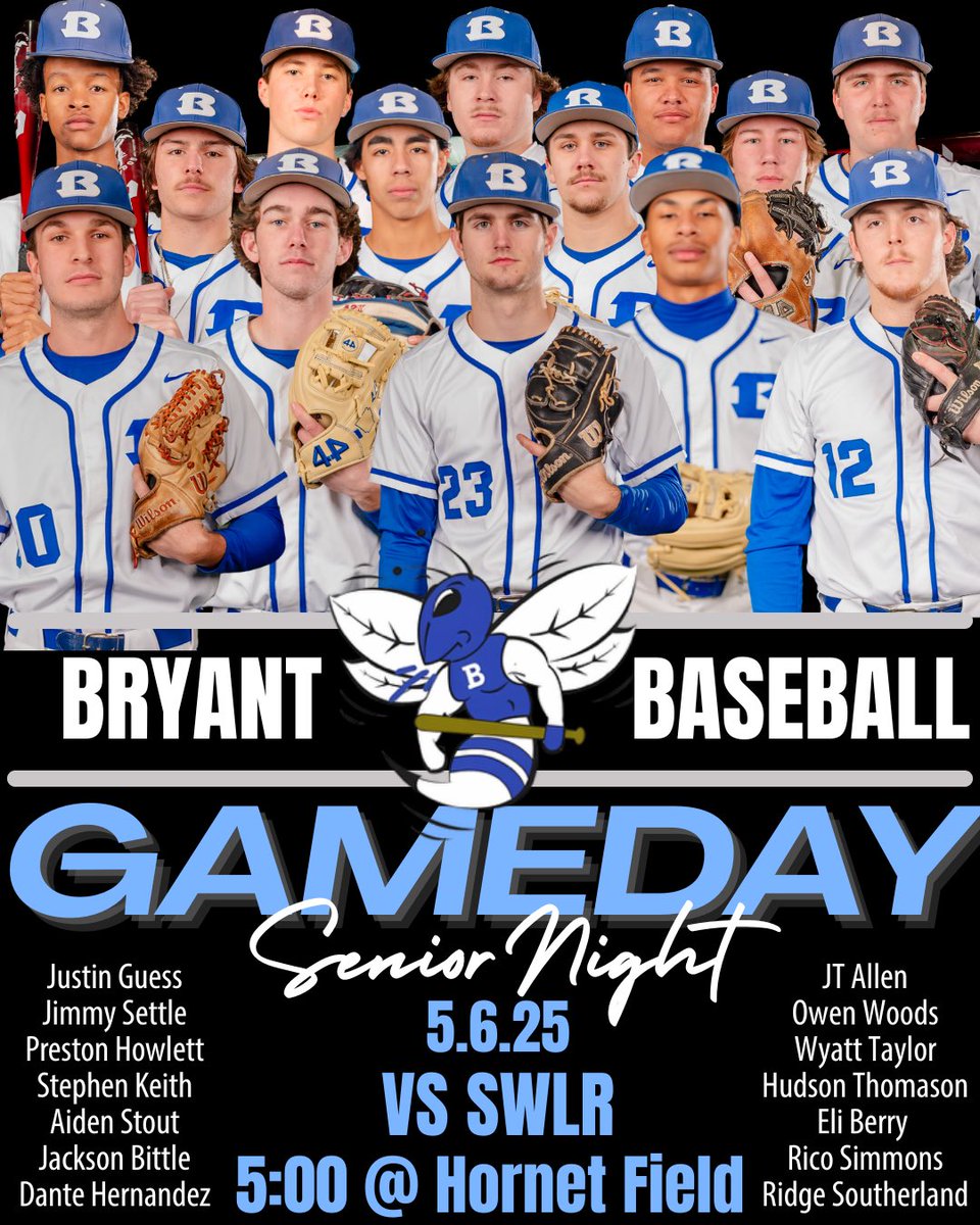Senior Night &amp; Conference Game
📆 5.5.25
🆚 SWLR Gryphons
 📍Hornet Field
🕛 5:00 Senior recognitions following Varsity game
🎟️ bryant-athletics.ticketleap.com/baseball---vjv…
📺 web.gc.com/teams/psaCy0bL…
