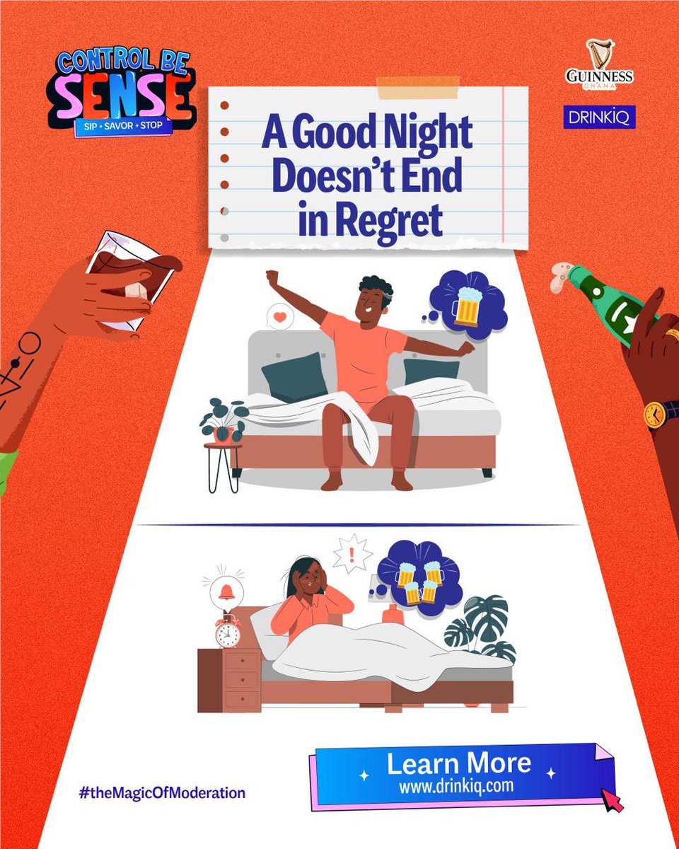 PulseGhana's tweet photo. The best nights are made of laughter, stories, and memories you’ll cherish, not regrets you wish you could forget.
Sip wisely, savor fully, and leave with joy.
#ControlBeSense is a call for Ghanaians to celebrate responsibly! By drinking in moderation, we create a culture of positive vibes that lasts. Learn more at https://t.co/9na56vLDyE.
#featuredpost #ControlBeSense #SipSavorStop #TheMagicOfModeration
#DrinkResponsibly