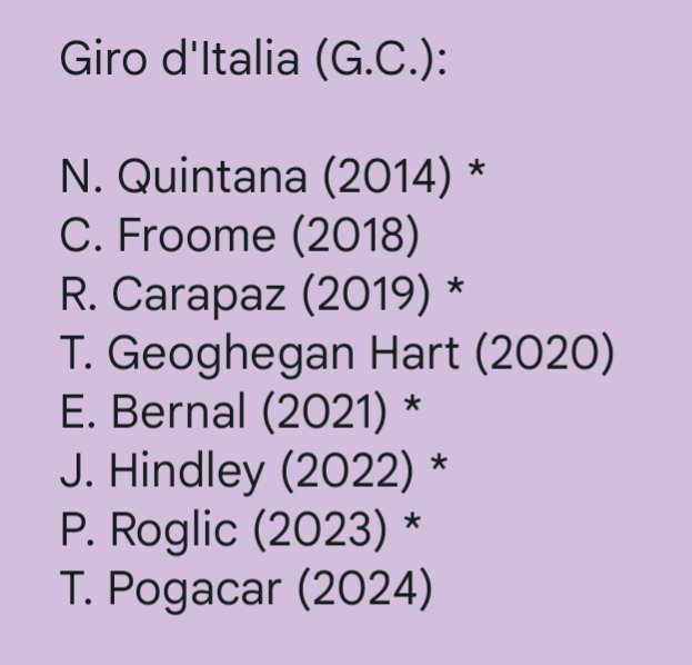 Great Cycling Victories (@gcvictories) on Twitter photo Active riders winners of #giroditalia: <a href="/NairoQuinCo/">NairoQuinCo</a>, <a href="/chrisfroome/">Chris Froome</a>, <a href="/RichardCarapazM/">Richard Carapaz M</a>, @taogeoghegan, <a href="/Eganbernal/">Egan Arley Bernal</a>, <a href="/JaiHindley/">Jai Hindley</a>, <a href="/rogla/">Primož Roglič</a>, <a href="/TamauPogi/">Tadej Pogačar</a> (* in 2025 startlist) Active riders winners of #giroditalia: <a href="/NairoQuinCo/">NairoQuinCo</a>, <a href="/chrisfroome/">Chris Froome</a>, <a href="/RichardCarapazM/">Richard Carapaz M</a>, @taogeoghegan, <a href="/Eganbernal/">Egan Arley Bernal</a>, <a href="/JaiHindley/">Jai Hindley</a>, <a href="/rogla/">Primož Roglič</a>, <a href="/TamauPogi/">Tadej Pogačar</a> (* in 2025 startlist)