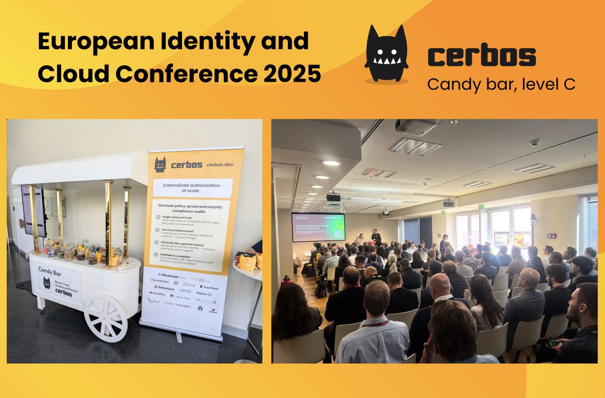 Cerbos (@cerbosdev) on Twitter photo 🙌 Cerbos is at #EIC2025 in Berlin!
Swing by our 🍬 Candy Bar. Grab some treats and chat with <a href="/emre/">Emre</a> & <a href="/alexolivier/">Alex Olivier</a> about all things #authorization
📢 Alex speaking on May 8 in session "AuthZEN: the 'OpenID Connect' for Authorization" kuppingercole.com/sessions/5876/3
<a href="/kuppingercole/">KuppingerCole</a> 🙌 Cerbos is at #EIC2025 in Berlin!
Swing by our 🍬 Candy Bar. Grab some treats and chat with <a href="/emre/">Emre</a> & <a href="/alexolivier/">Alex Olivier</a> about all things #authorization
📢 Alex speaking on May 8 in session "AuthZEN: the 'OpenID Connect' for Authorization" kuppingercole.com/sessions/5876/3
<a href="/kuppingercole/">KuppingerCole</a>