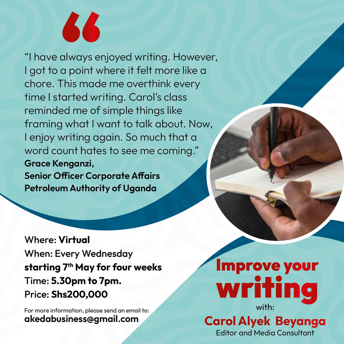 Akeda3's tweet image. I've been privileged to have many people attend my class, some of whom I consider good writers, people like @gkenganzi and @Mbchibita.
The course is also for those who are good writers but want to get better.
Send an email to akedabusiness@gmail.com to join us tomorrow, May 7th.