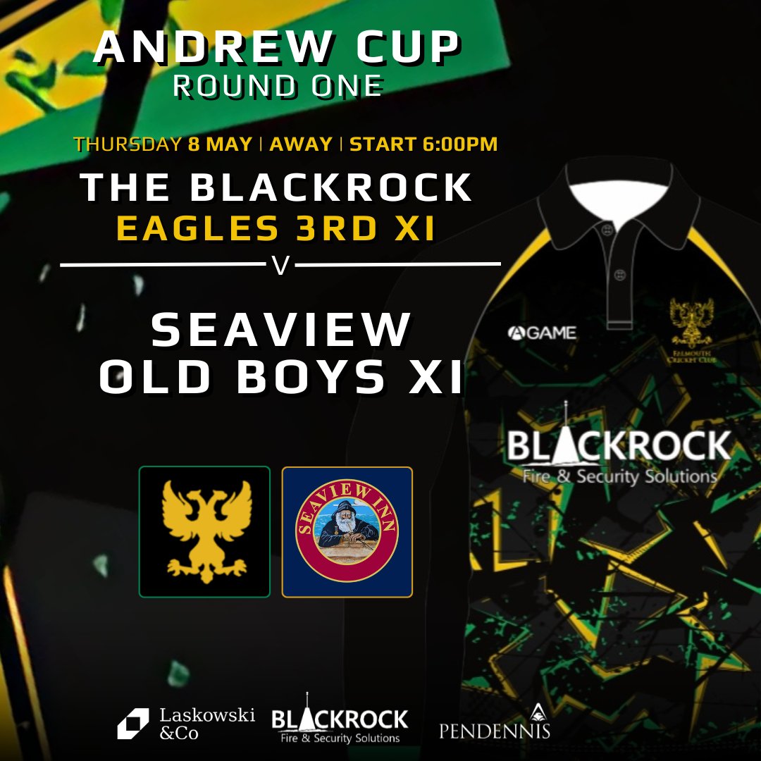 𝐕𝐈𝐍𝐆𝐎𝐄 𝐋𝐀𝐖 𝐀𝐍𝐃𝐑𝐄𝐖 𝐂𝐔𝐏 - 𝐑𝐎𝐔𝐍𝐃 𝐎𝐍𝐄 🏆

Our Blackrock Eagles 3rd XI start their Andrew Cup campaign at Falmouth Cricket Club as they entertain SeaviewInn Old Boys on Thursday Night for 6:00pm!

Sponsored By:
🤝 Blackrock Fire &amp; Security Solutions
