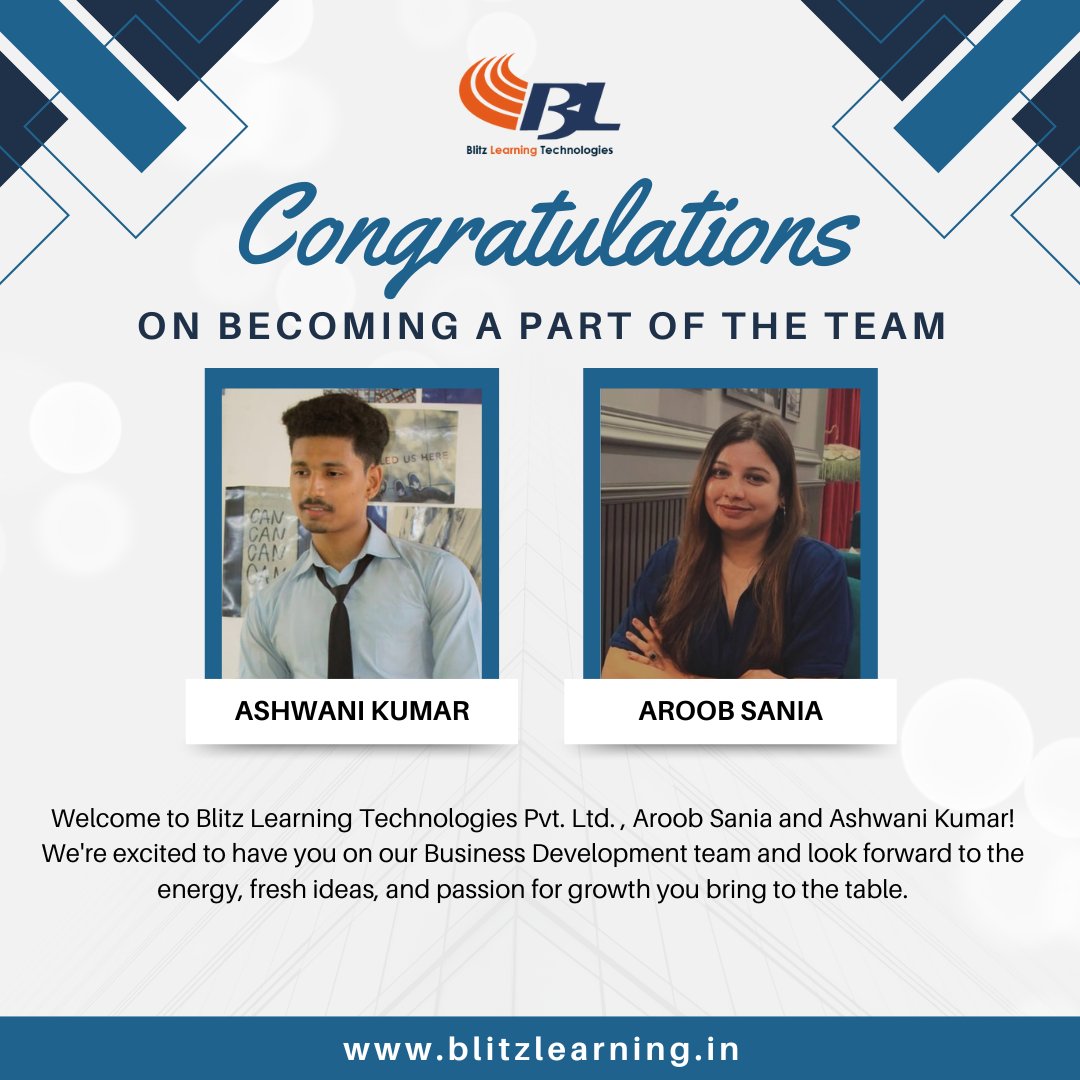 BlitzLearning's tweet image. Excited to welcome Aroob Sania &amp;amp; Ashwani Kumar to the Blitz Learning Technologies team! 🎉

Joining our Business Development team, they bring energy, ideas &amp;amp; drive. Let’s grow together! 🚀

#TeamBlitz #WelcomeAboard #BusinessDevelopment