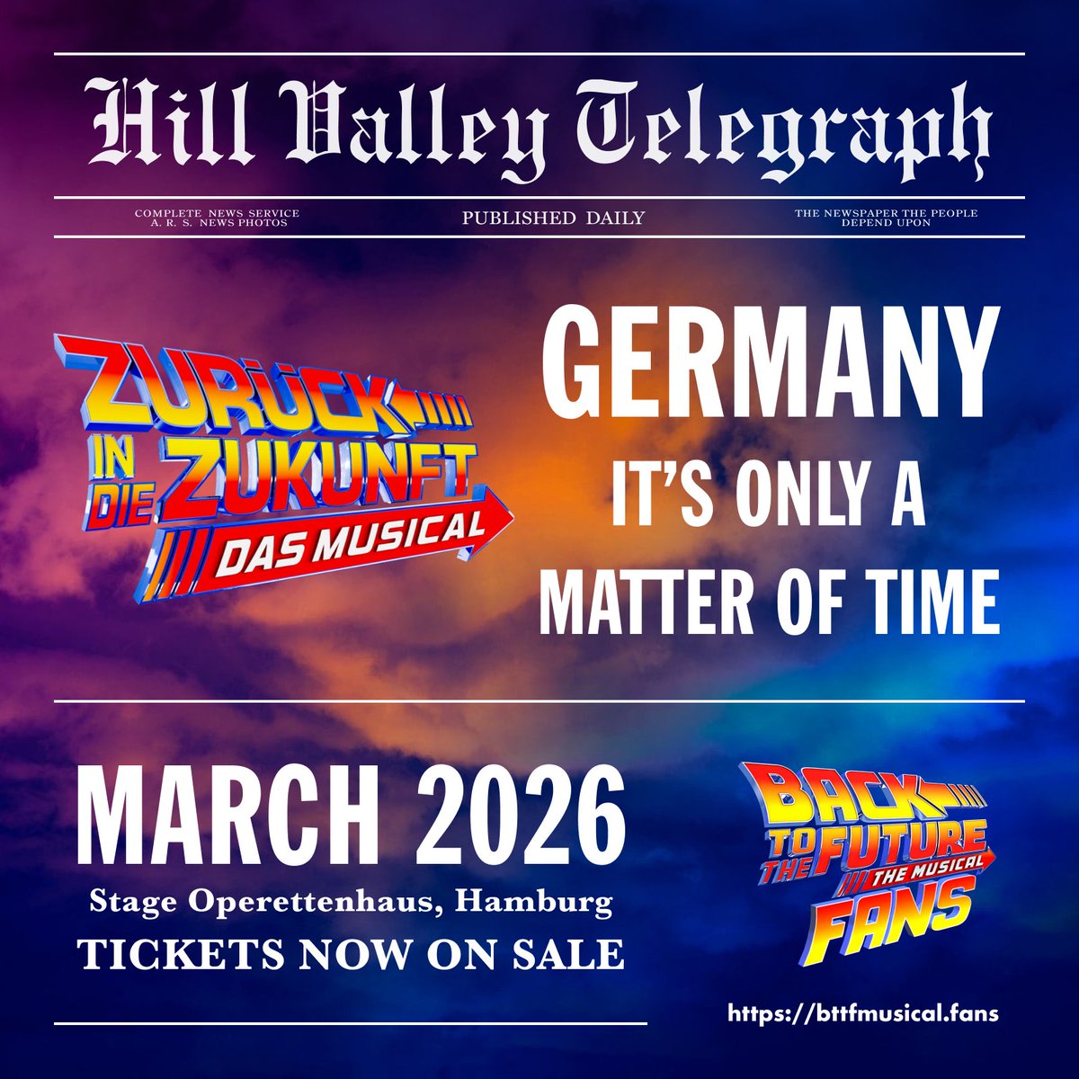 WHOA… THIS IS HEAVY! ⚡

Destination time confirmed… <a href="/BTTFmusical/">Back to the Future</a> is coming to Germany!

🗓️ Previews from Sunday 15th March 2026
📍 Stage Operettenhaus, Hamburg
🎟️ Tickets now on sale!

stage-entertainment.de/musicals-shows…

#ZurückInDieZukunft #DasLegendäreMusical