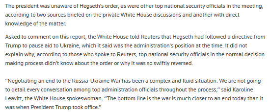 Reuters reports that, just days after taking office, Hegseth halted military aid shipments to Ukraine. But sources say Trump never ordered him to do so.

It reportedly caught the White House off-guard.