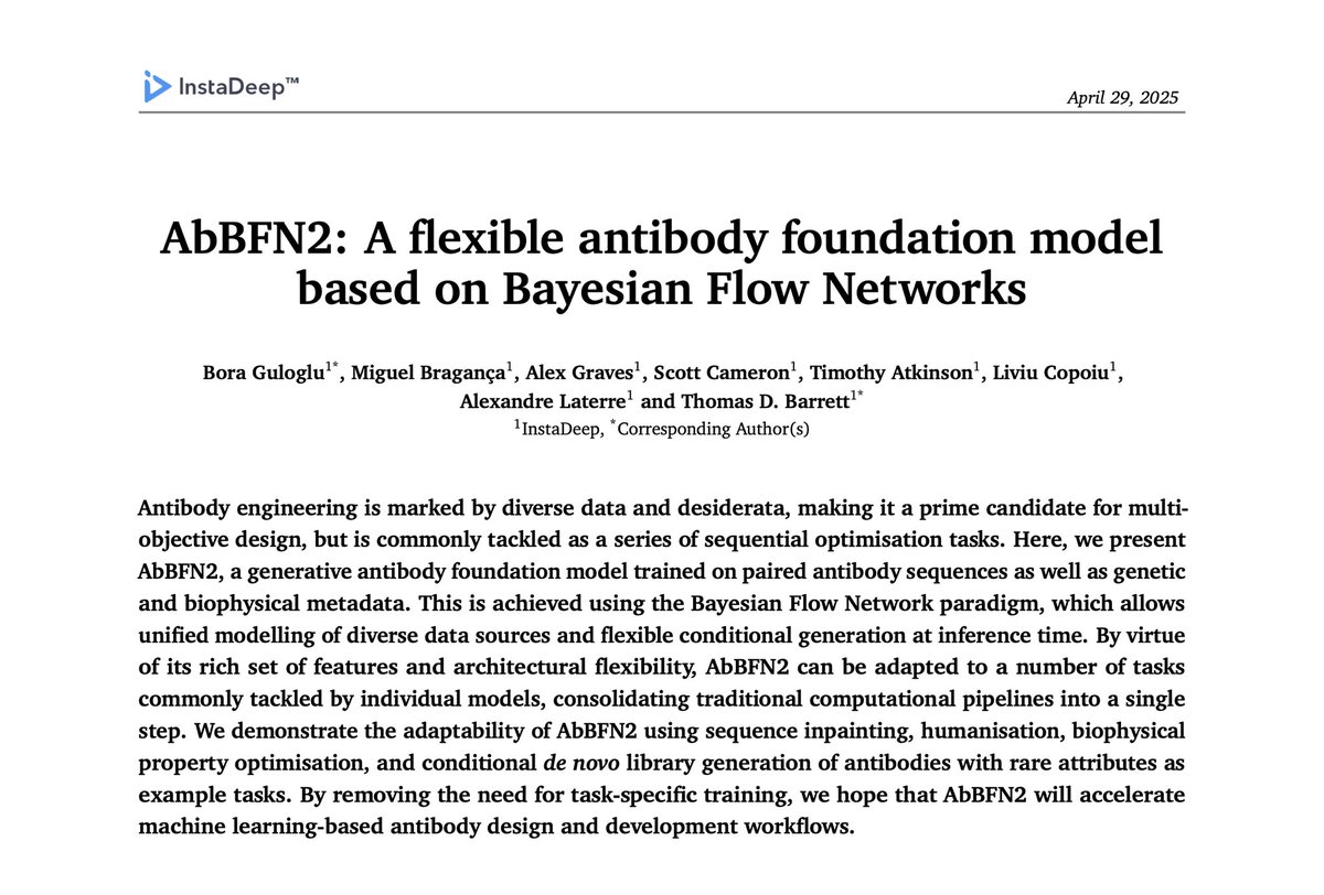 Alex Laterre (@alexlaterre) on Twitter photo Just weeks after releasing ProtBFN/AbBFN in <a href="/NatureComms/">Nature Communications</a>, we're back with AbBFN2 ⚡️
Our new Antibody Foundation Model goes beyond sequence, modeling 45+ data modalities incl. genetic & biophysical properties. This creates a rich grammar for guiding antibody design. Just weeks after releasing ProtBFN/AbBFN in <a href="/NatureComms/">Nature Communications</a>, we're back with AbBFN2 ⚡️
Our new Antibody Foundation Model goes beyond sequence, modeling 45+ data modalities incl. genetic & biophysical properties. This creates a rich grammar for guiding antibody design.